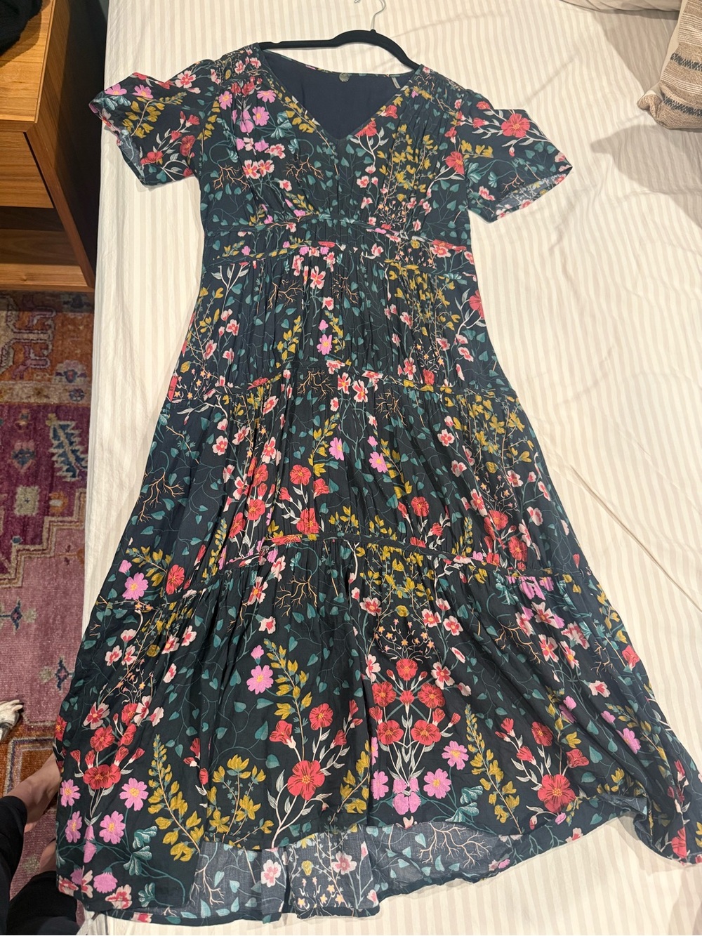 Margaret O’leary Cotton V-Neck Tiered Midi Dress - Black with Pink & Red Flowers